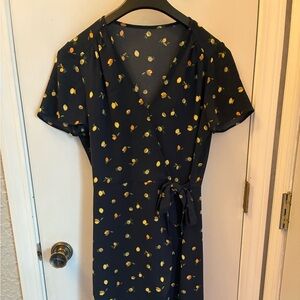 J Crew Navy Blue Lemon Print Wrap Dress